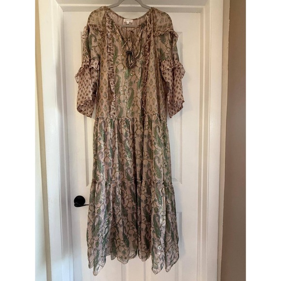 Debbie Katz South Beach Boho Paisley 100% Viscose Maxi Dress XL Sequin Metallic - Picture 3 of 7